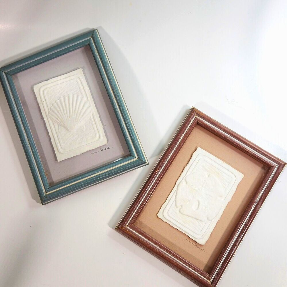 Vintage Cast Paper Seashell Art Framed Signed WESS 1980's Wall Decor Ocean  Set